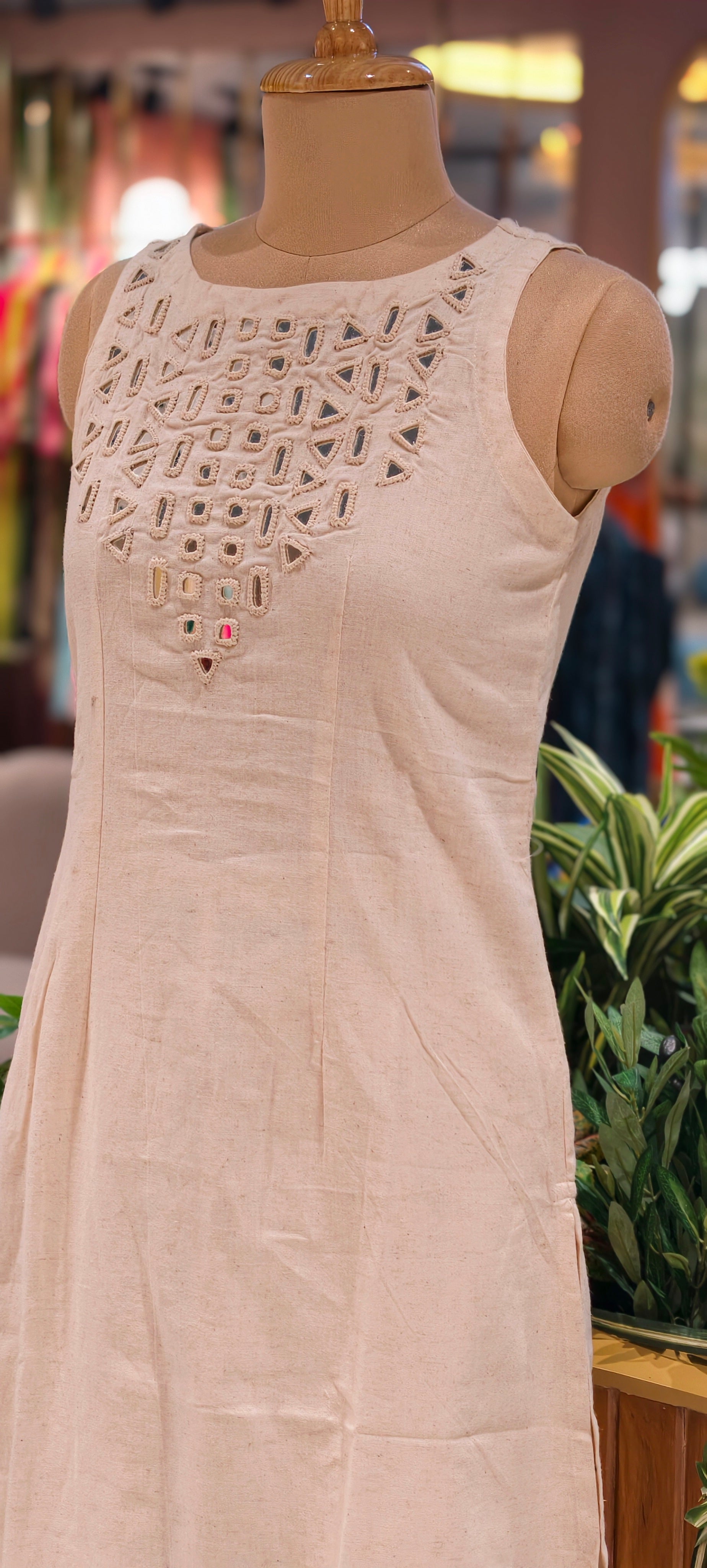 Elegant Handloom Cotton Sleeveless Kurta Set with Mirror Cutwork Neck With Loose Pants-14187 W78
