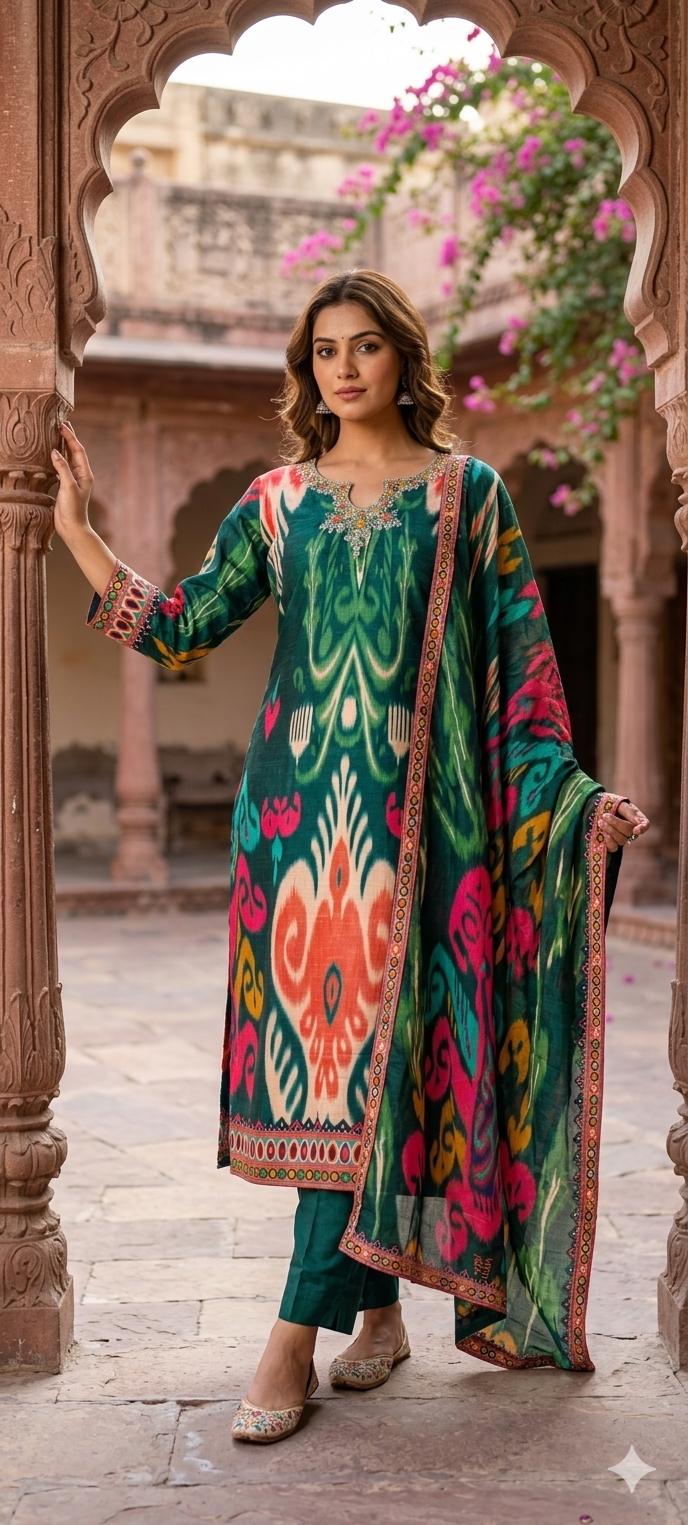 Ornate Crystal & Bead Work Midnight Emerald Royal Ikat Print Full Suit Set with Dupatta-LEAN FIT(ADVISIBLE NEXT SIZE)