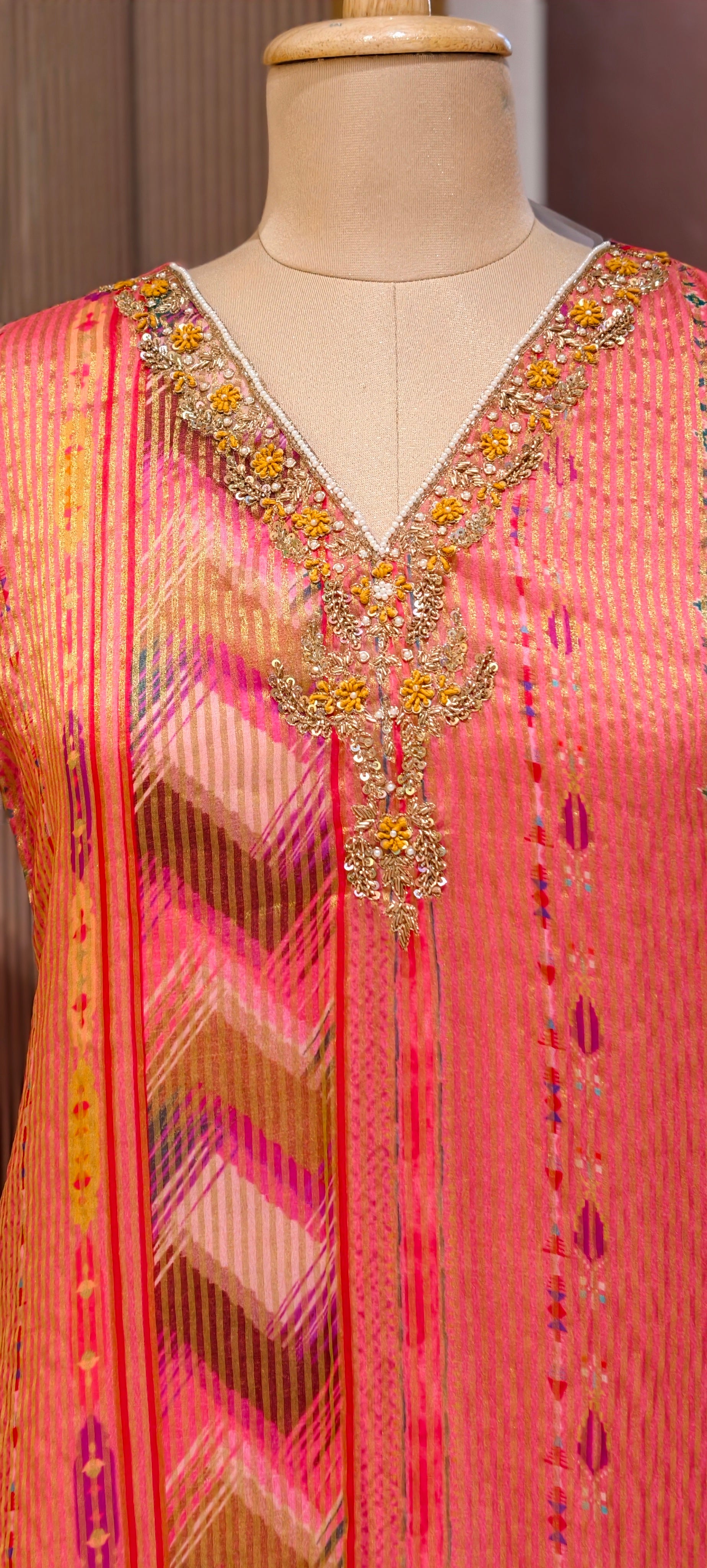 Tissue Elegance Golden Classic Striped Full Suit Set With Dupatta & Embellished Neckline LEAN FIT(ADVISIBLE NEXT SIZE)