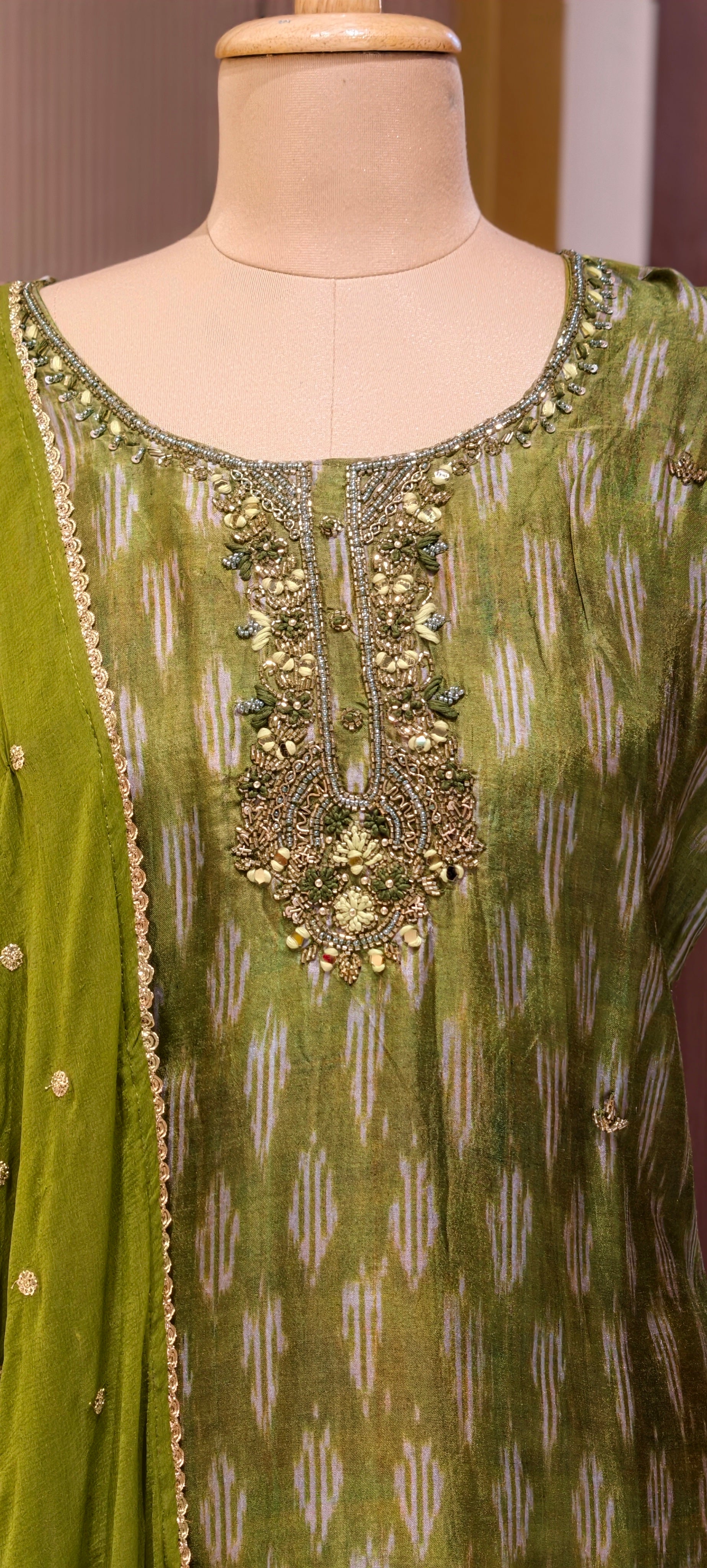 Moss Green Textured Ikat Pattern Full Suit Set with Zardosi Embroidered Neck LEAN FIT(ADVISIBLE NEXT SIZE)
