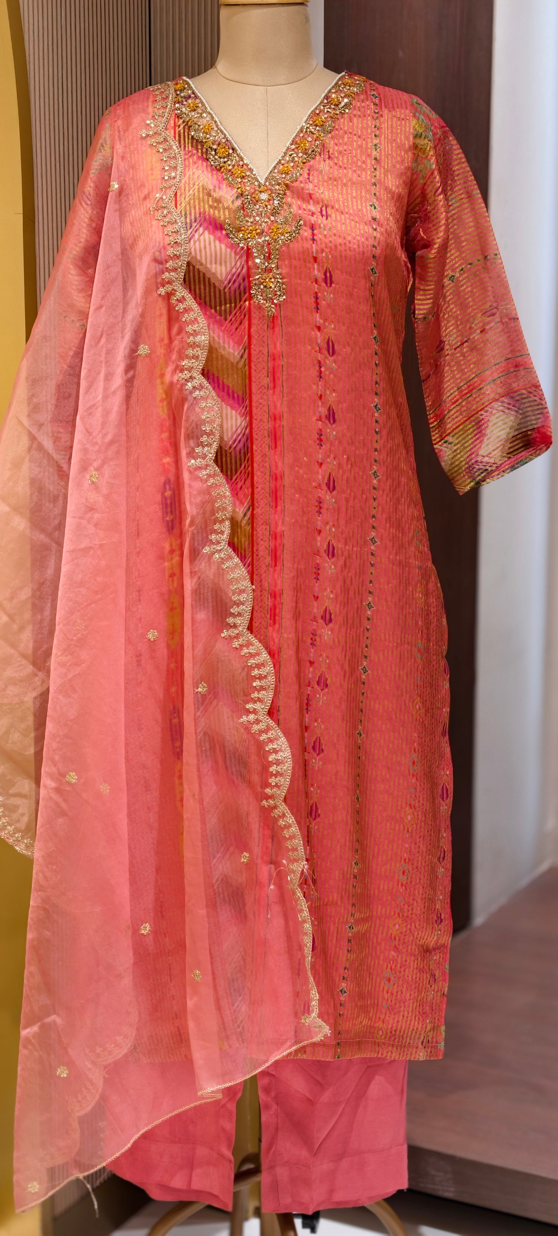 Tissue Elegance Golden Classic Striped Full Suit Set With Dupatta & Embellished Neckline LEAN FIT(ADVISIBLE NEXT SIZE)