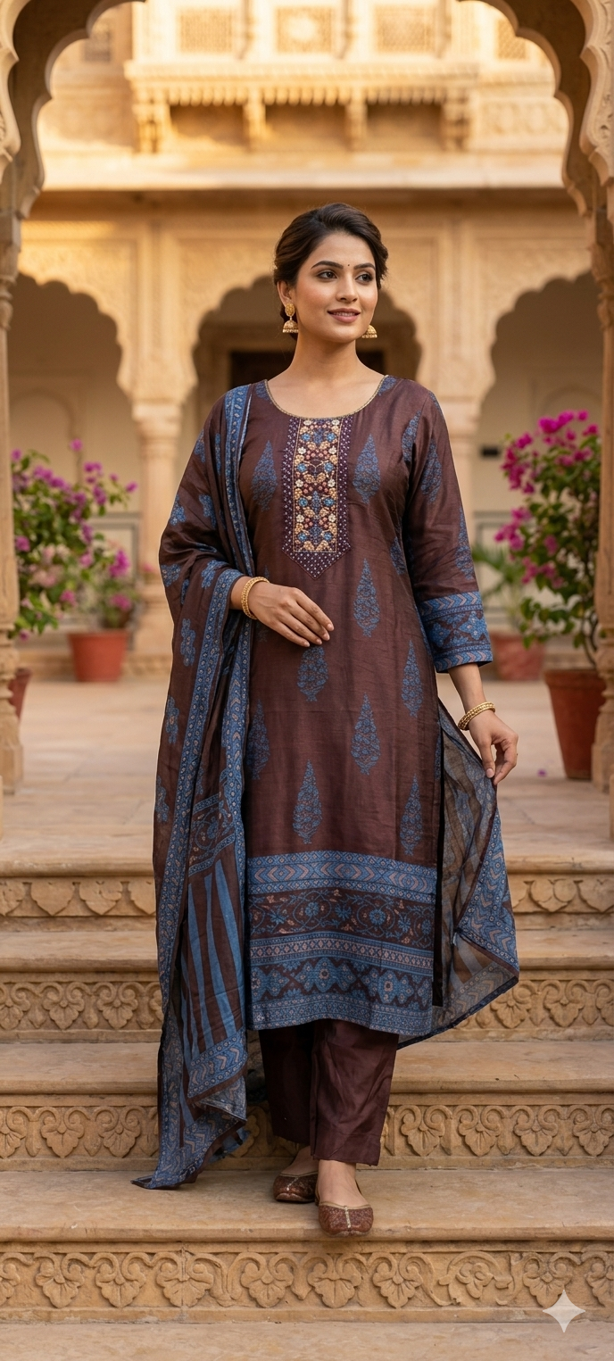 Chocolate Brown Paisley Motif Russian Silk Full Suit Set With Dupatta Heavily Embroidered LEAN FIT(ADVISIBLE NEXT SIZE)
