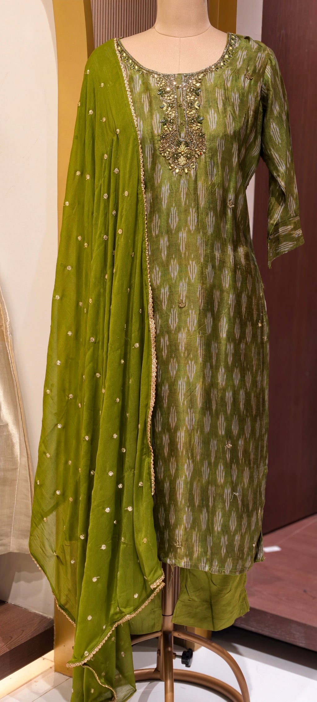 Moss Green Textured Ikat Pattern Full Suit Set with Zardosi Embroidered Neck LEAN FIT(ADVISIBLE NEXT SIZE)