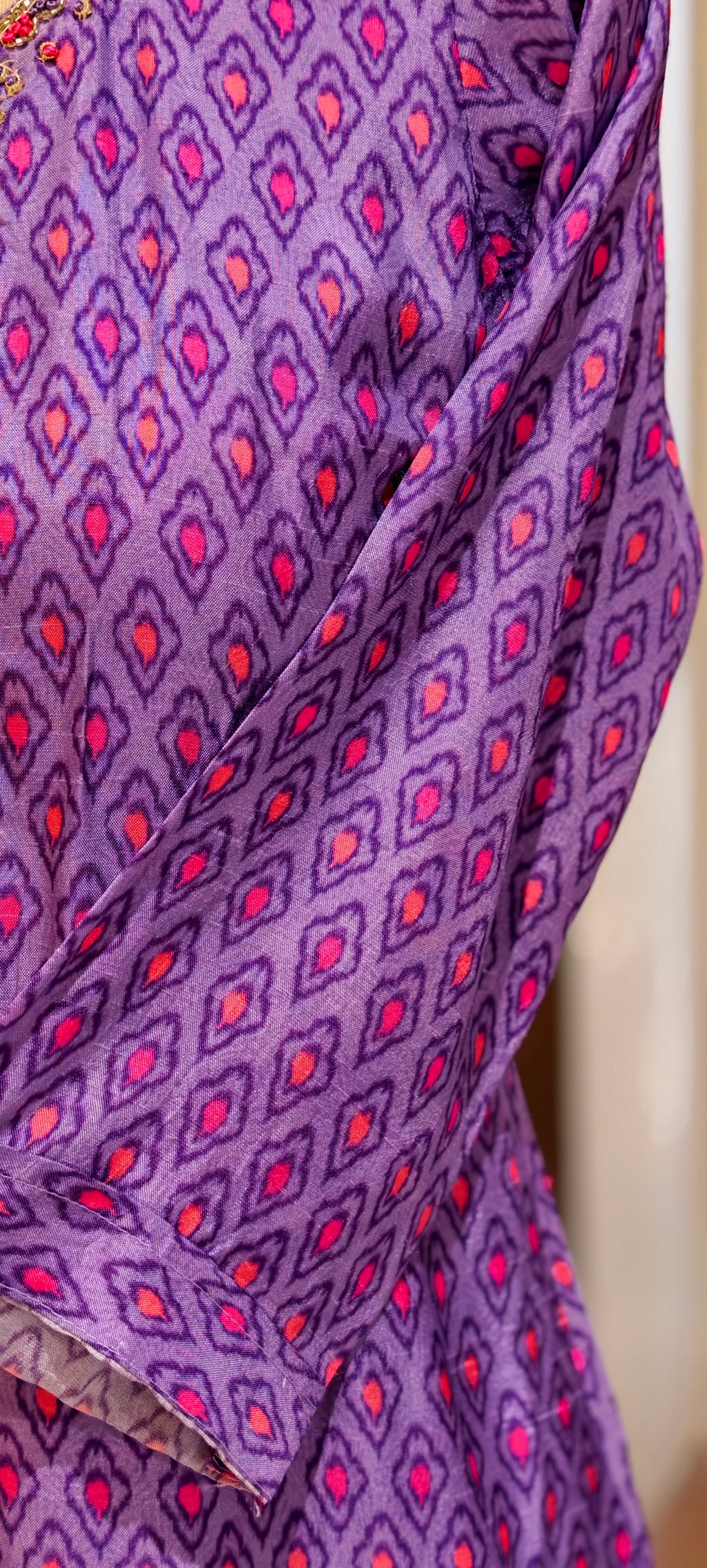 Detailed Floral Yoke Embroidery Lavender Purple Geometric Print Russian Silk Full Suit Set LEAN FIT(ADVISIBLE NEXT SIZE)