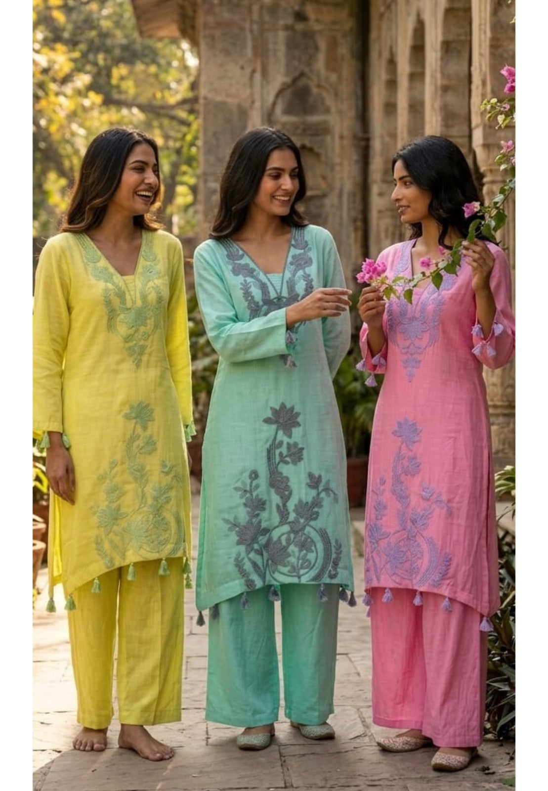 Premium Pure Mulchanderi Thread Embroidery Elegant High Low Tassel Accent Kurta Pant Set- 14404 W153