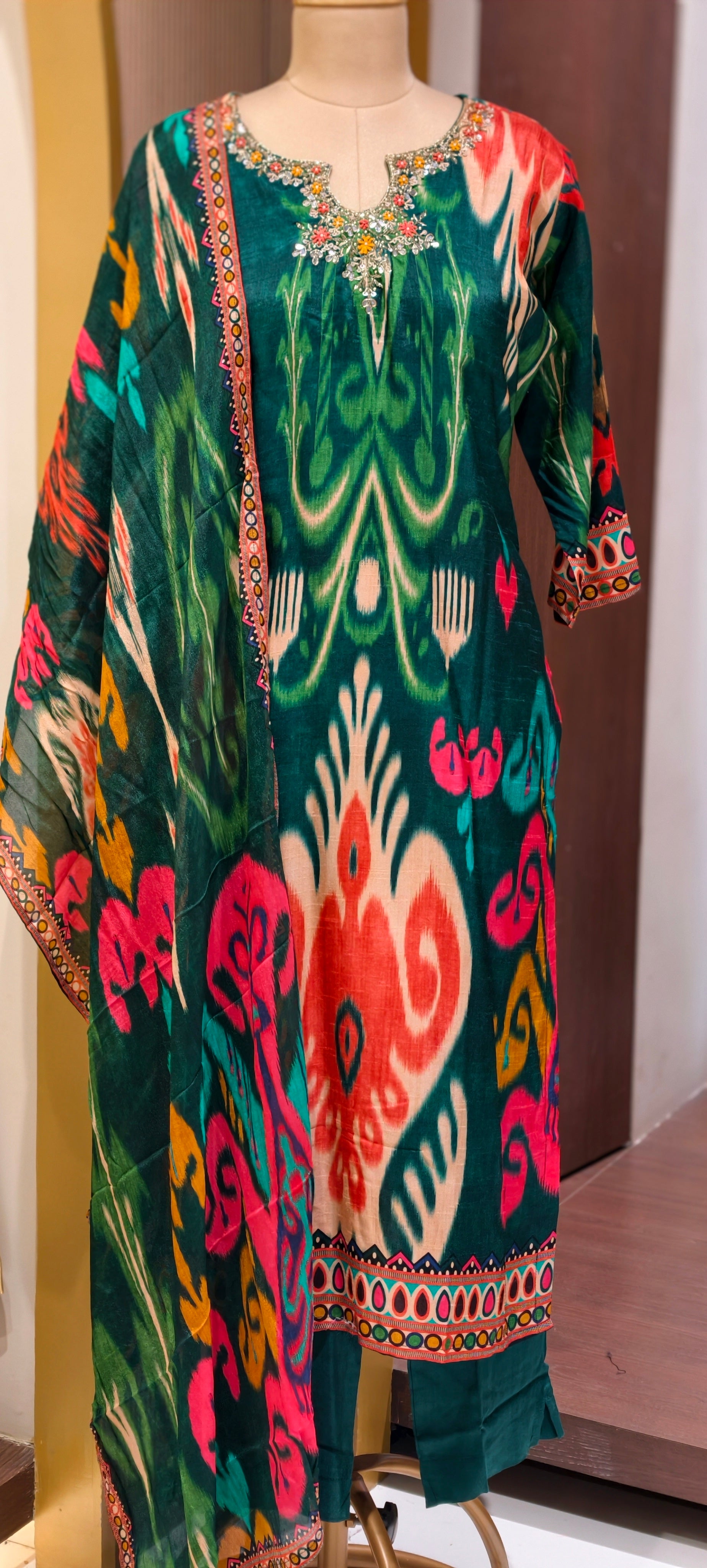 Ornate Crystal & Bead Work Midnight Emerald Royal Ikat Print Full Suit Set with Dupatta-LEAN FIT(ADVISIBLE NEXT SIZE)