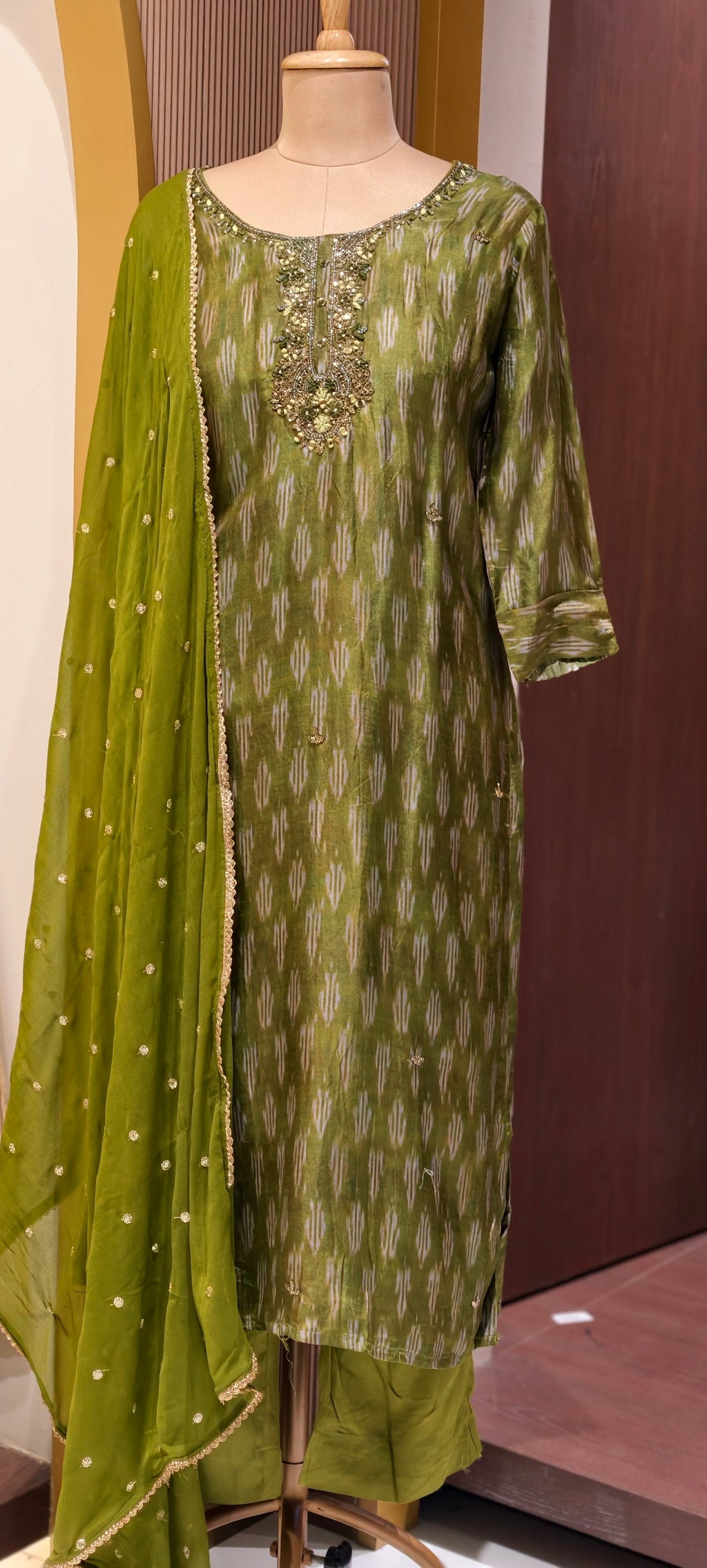 Moss Green Textured Ikat Pattern Full Suit Set with Zardosi Embroidered Neck LEAN FIT(ADVISIBLE NEXT SIZE)