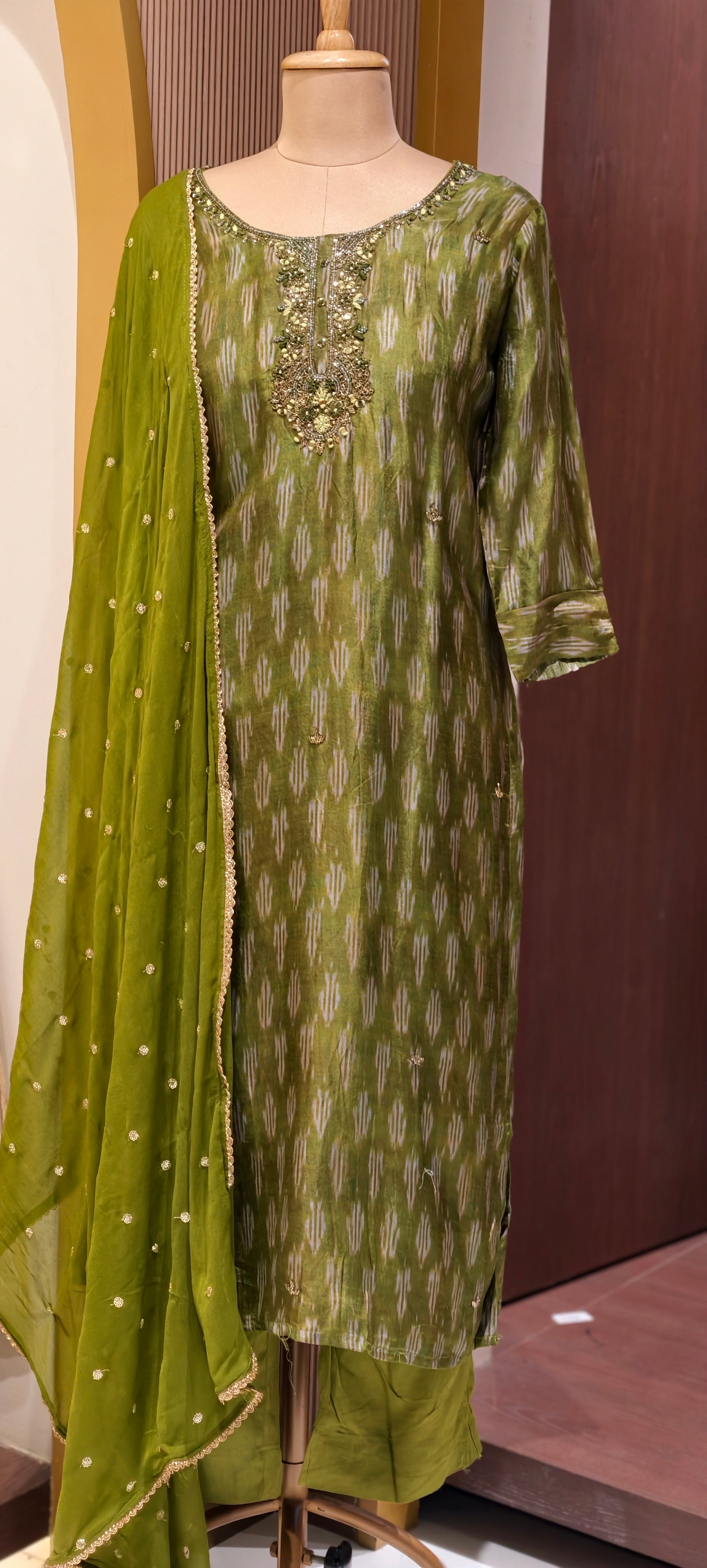 Moss Green Textured Ikat Pattern Full Suit Set with Zardosi Embroidered Neck LEAN FIT(ADVISIBLE NEXT SIZE)