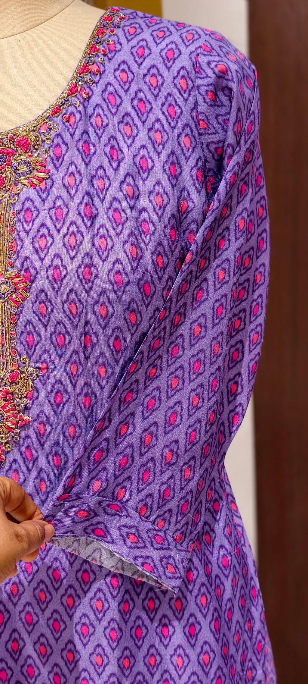 Detailed Floral Yoke Embroidery Lavender Purple Geometric Print Russian Silk Full Suit Set LEAN FIT(ADVISIBLE NEXT SIZE)