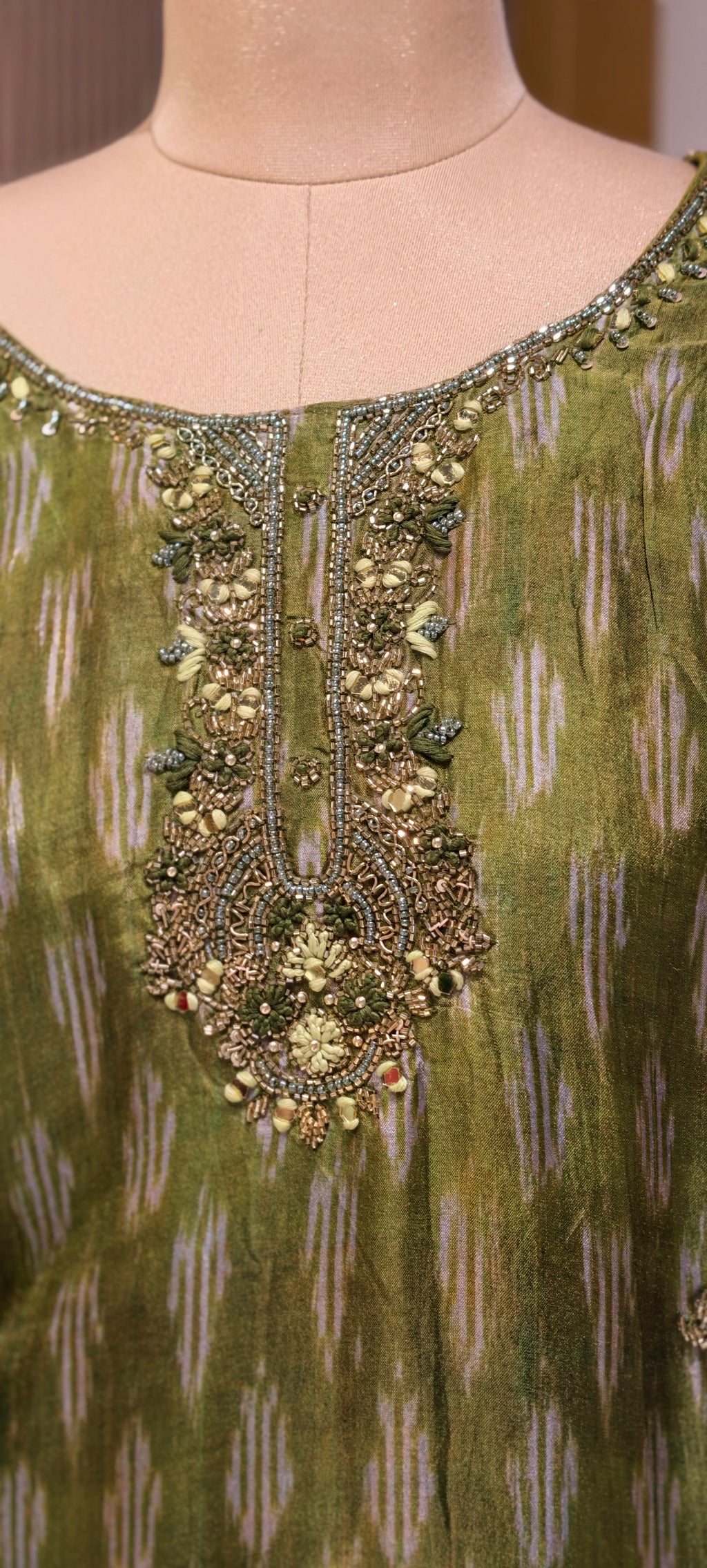 Moss Green Textured Ikat Pattern Full Suit Set with Zardosi Embroidered Neck LEAN FIT(ADVISIBLE NEXT SIZE)