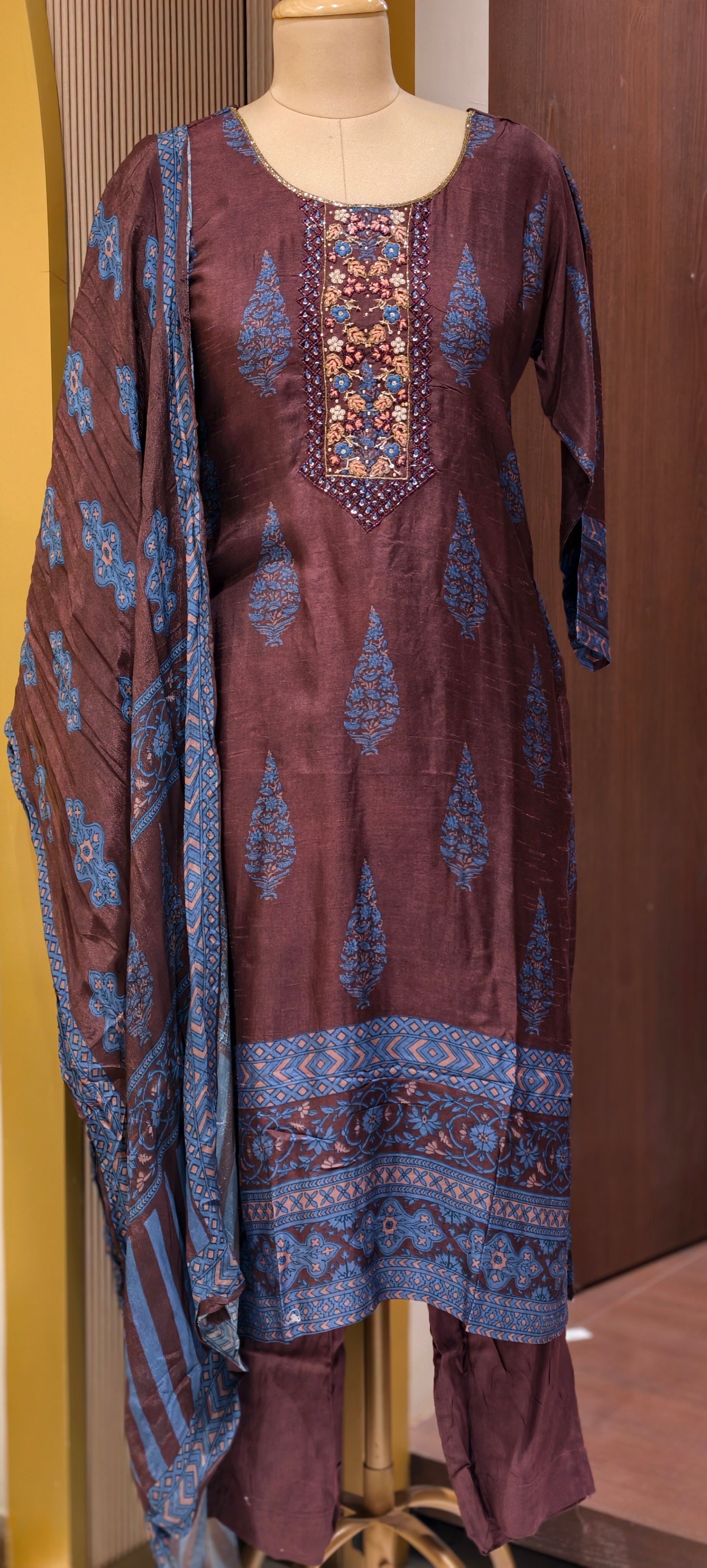 Chocolate Brown Paisley Motif Russian Silk Full Suit Set With Dupatta Heavily Embroidered LEAN FIT(ADVISIBLE NEXT SIZE)