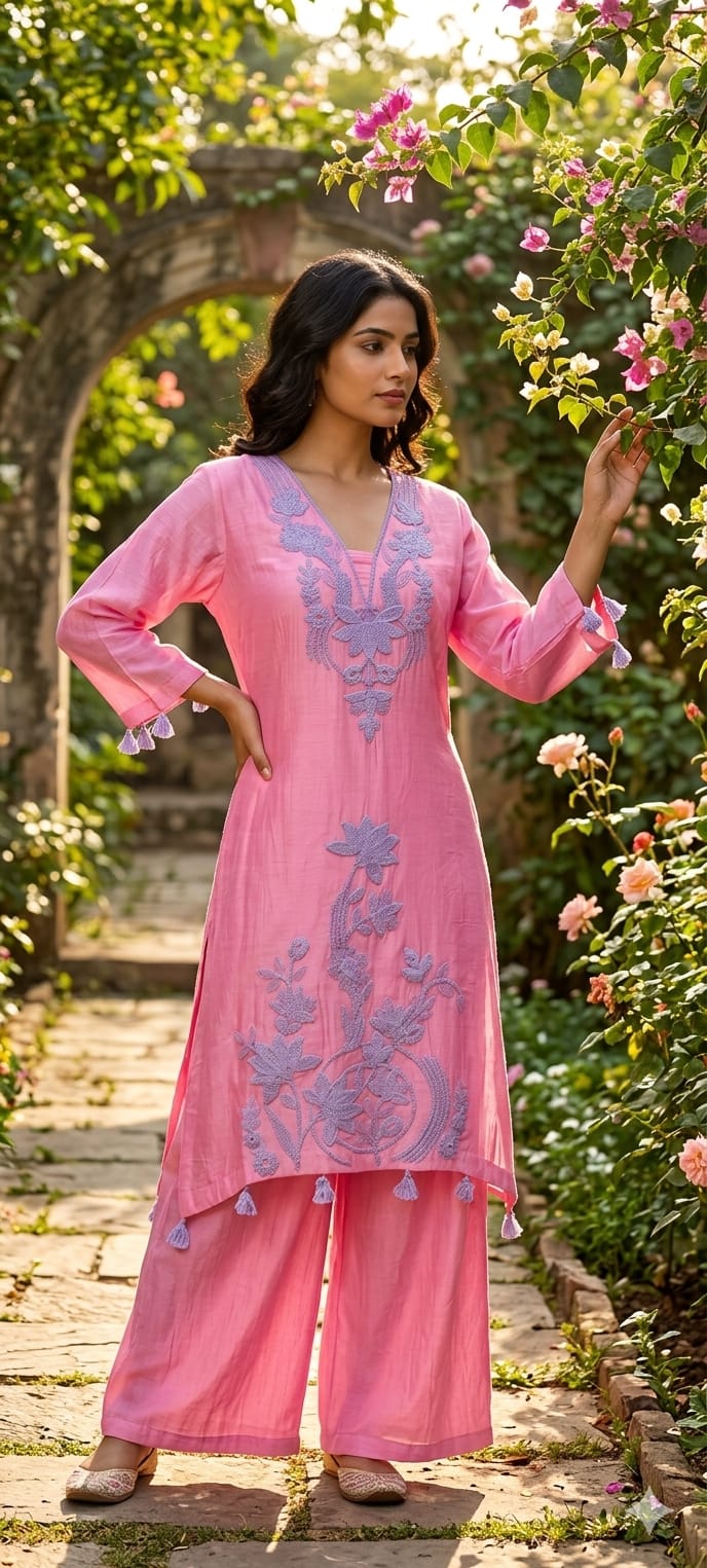 Premium Pure Mulchanderi Thread Embroidery Elegant High Low Tassel Accent Kurta Pant Set- 14404 W153