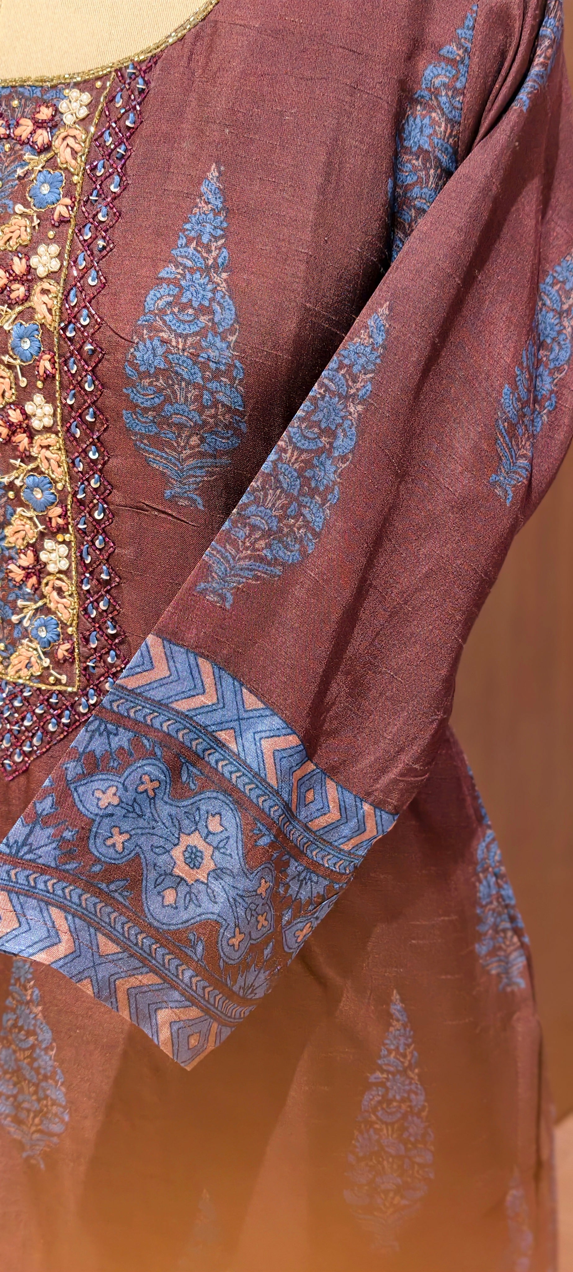 Chocolate Brown Paisley Motif Russian Silk Full Suit Set With Dupatta Heavily Embroidered LEAN FIT(ADVISIBLE NEXT SIZE)