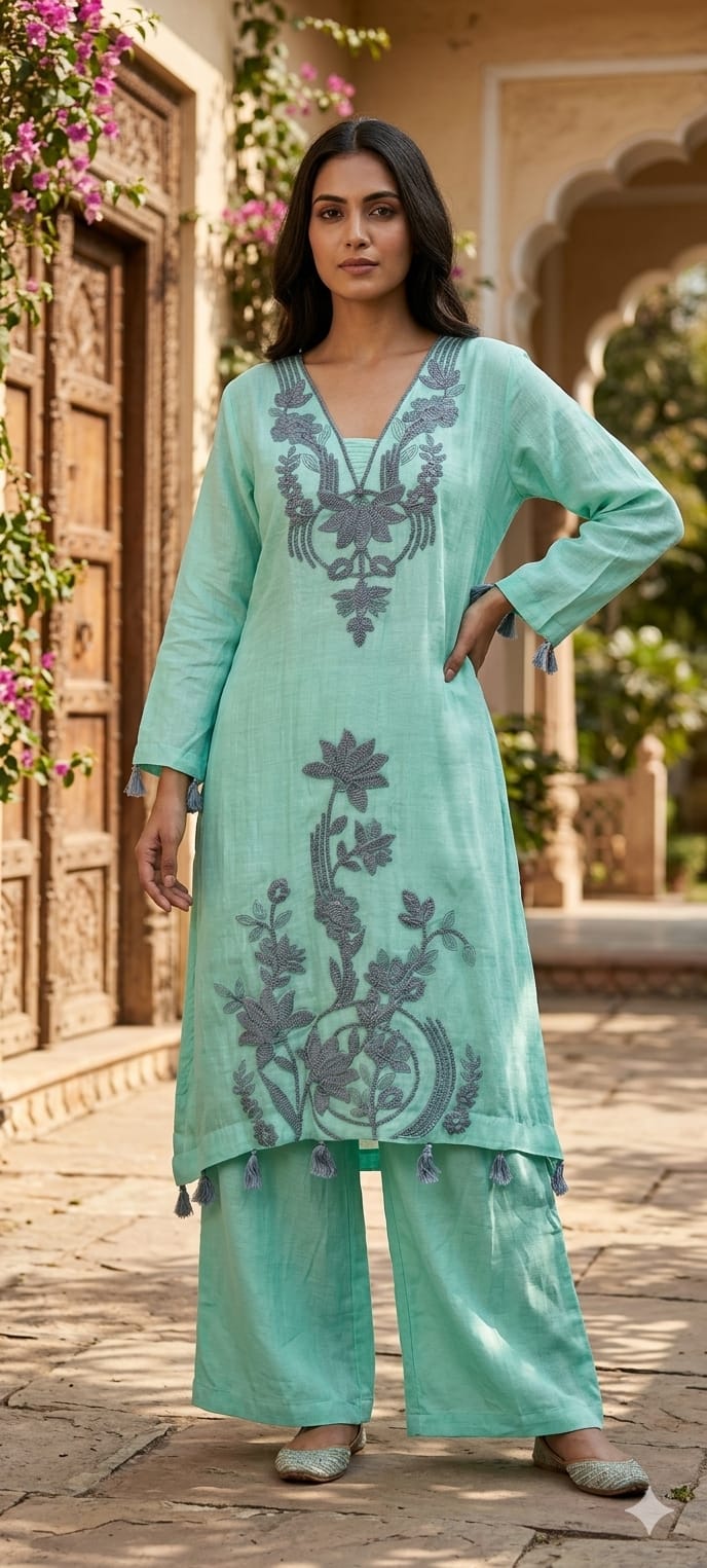 Premium Pure Mulchanderi Thread Embroidery Elegant High Low Tassel Accent Kurta Pant Set- 14404 W153