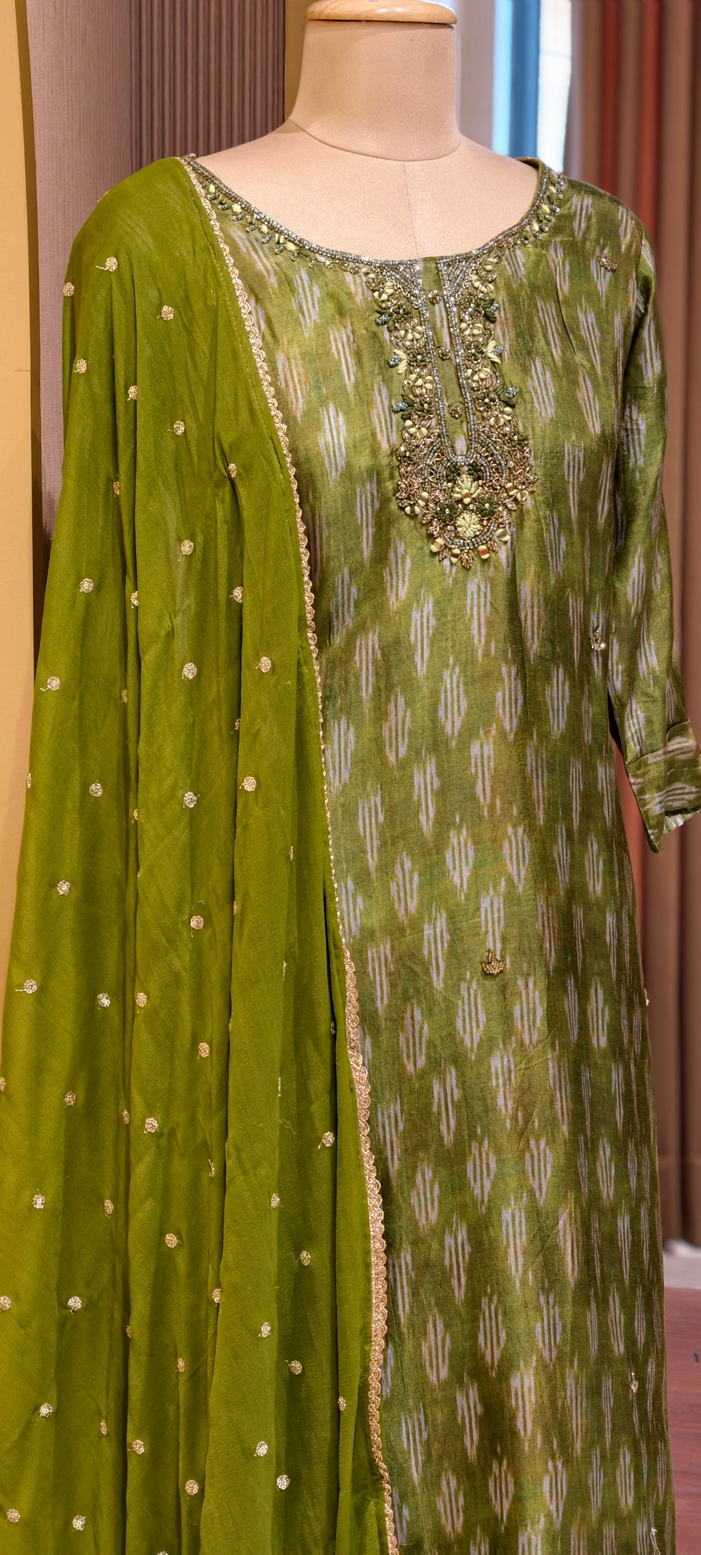 Moss Green Textured Ikat Pattern Full Suit Set with Zardosi Embroidered Neck LEAN FIT(ADVISIBLE NEXT SIZE)