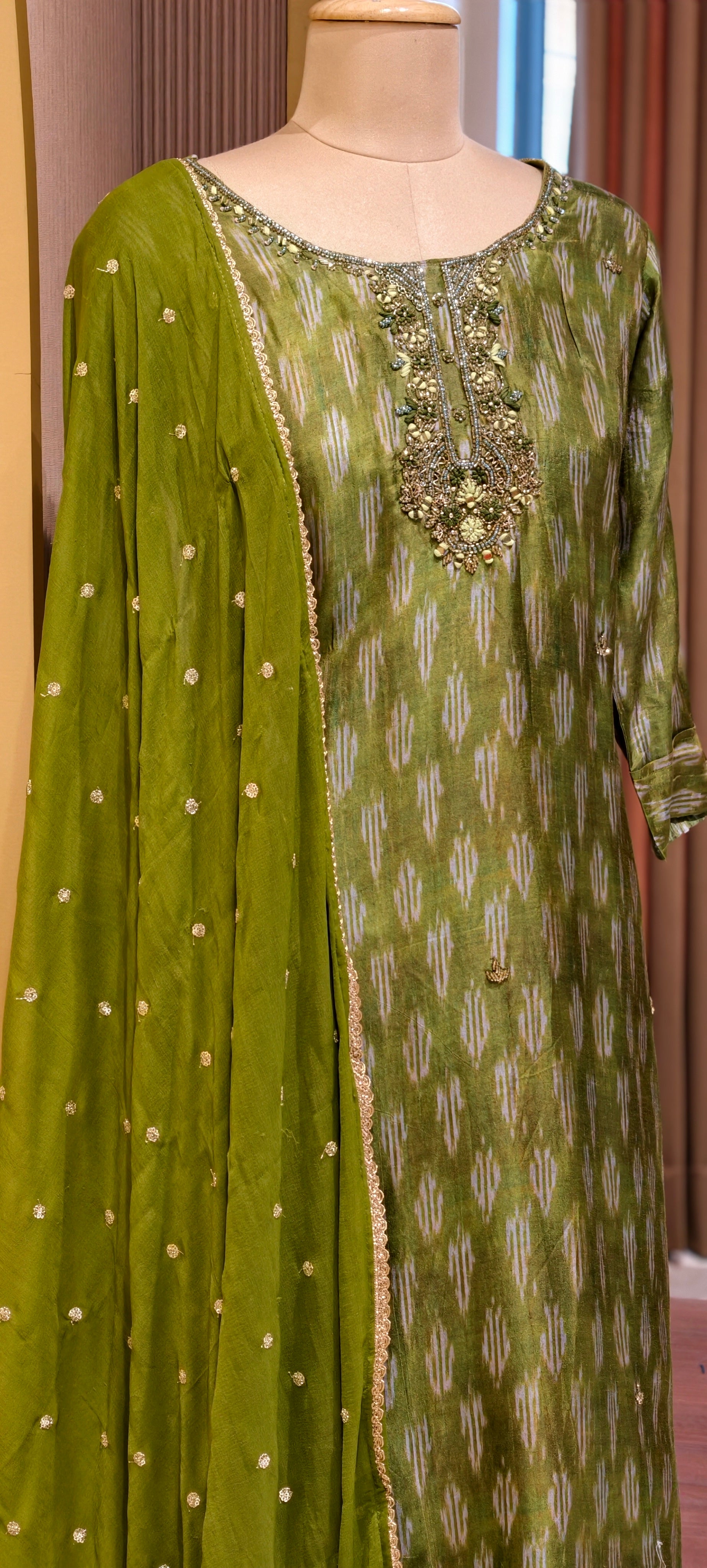 Moss Green Textured Ikat Pattern Full Suit Set with Zardosi Embroidered Neck LEAN FIT(ADVISIBLE NEXT SIZE)