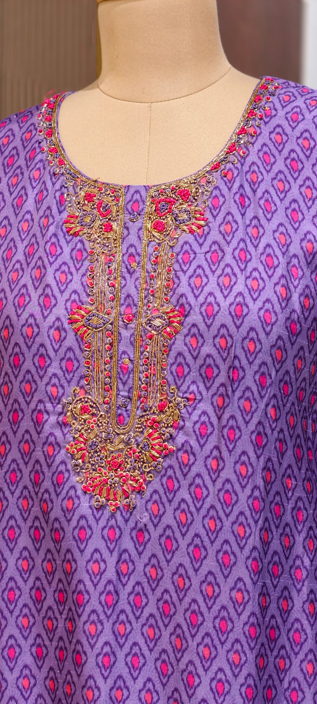 Detailed Floral Yoke Embroidery Lavender Purple Geometric Print Russian Silk Full Suit Set LEAN FIT(ADVISIBLE NEXT SIZE)