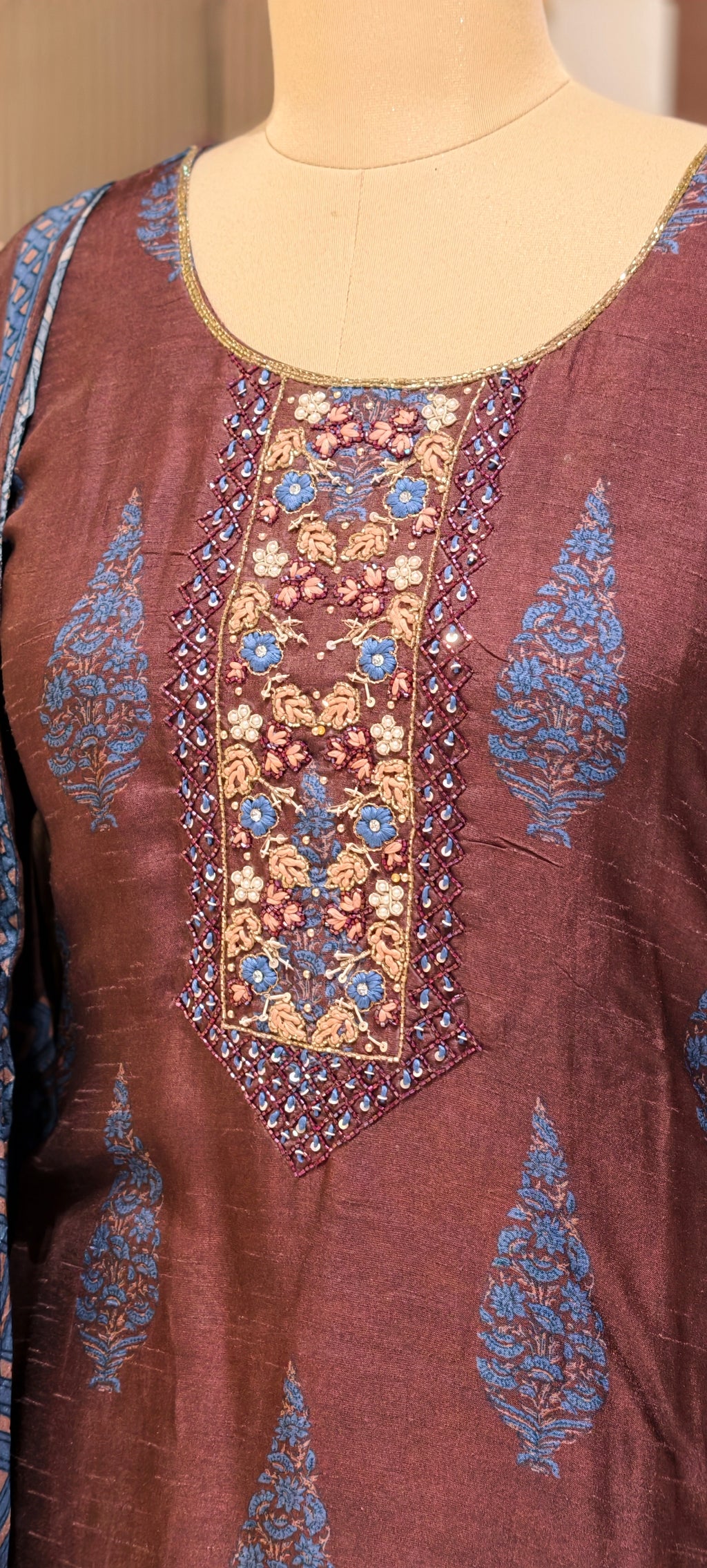 Chocolate Brown Paisley Motif Russian Silk Full Suit Set With Dupatta Heavily Embroidered LEAN FIT(ADVISIBLE NEXT SIZE)