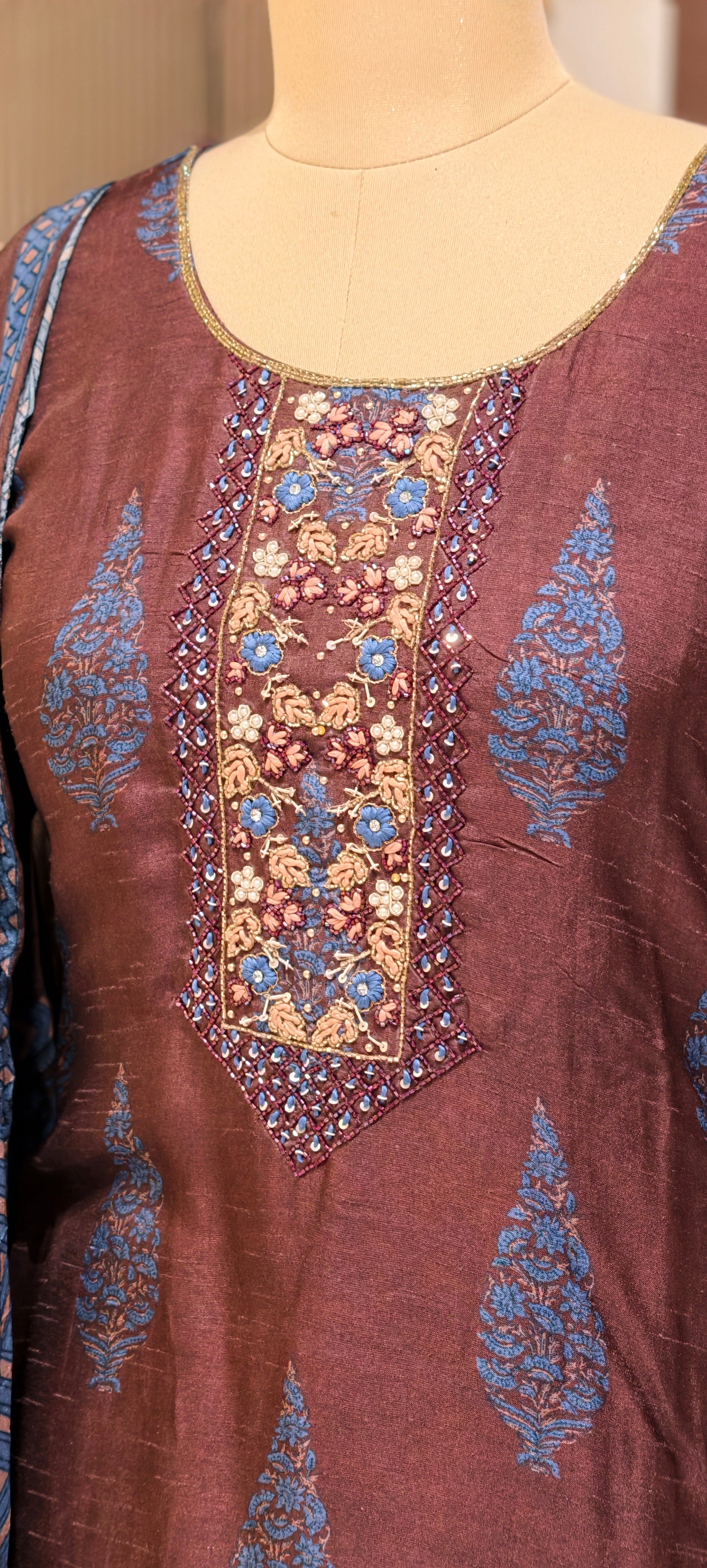 Chocolate Brown Paisley Motif Russian Silk Full Suit Set With Dupatta Heavily Embroidered LEAN FIT(ADVISIBLE NEXT SIZE)