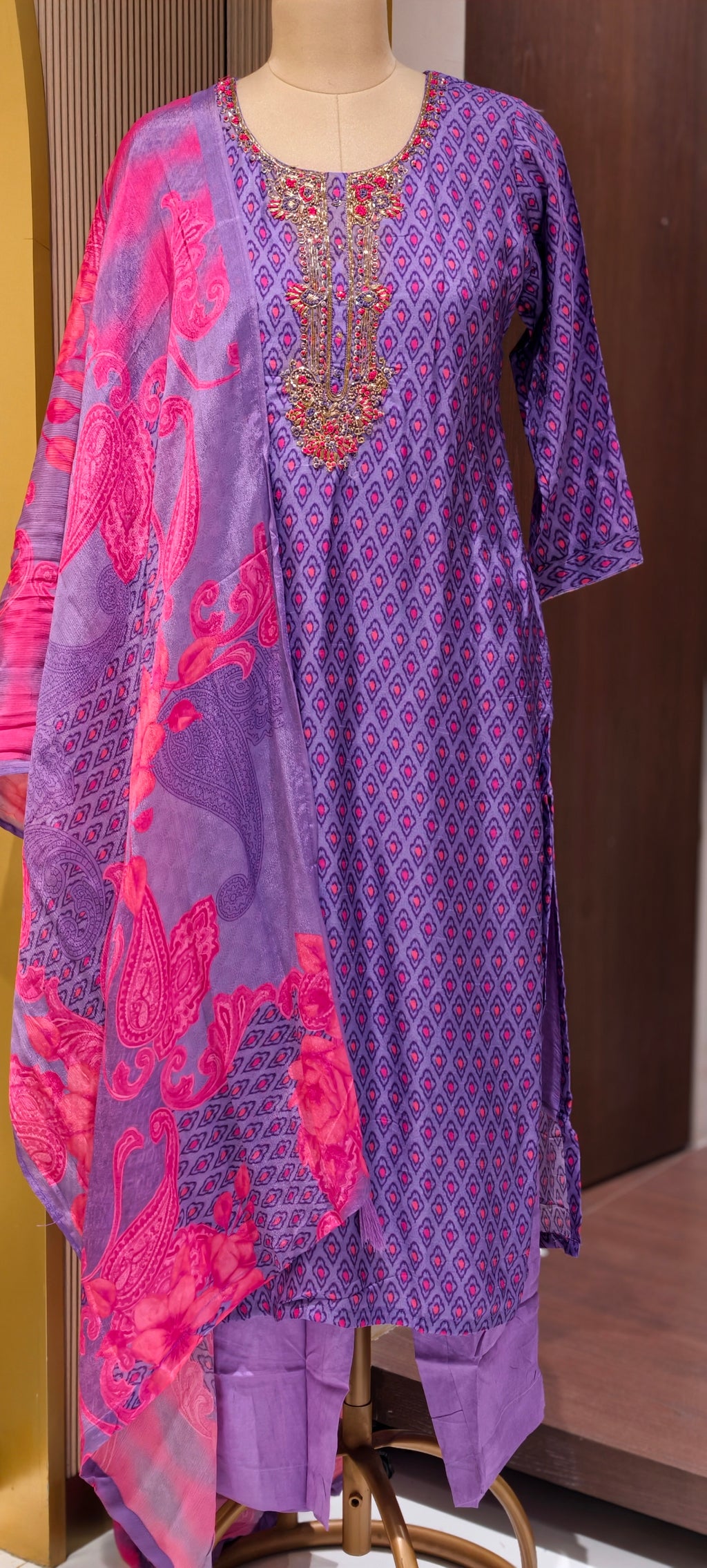 Detailed Floral Yoke Embroidery Lavender Purple Geometric Print Russian Silk Full Suit Set LEAN FIT(ADVISIBLE NEXT SIZE)
