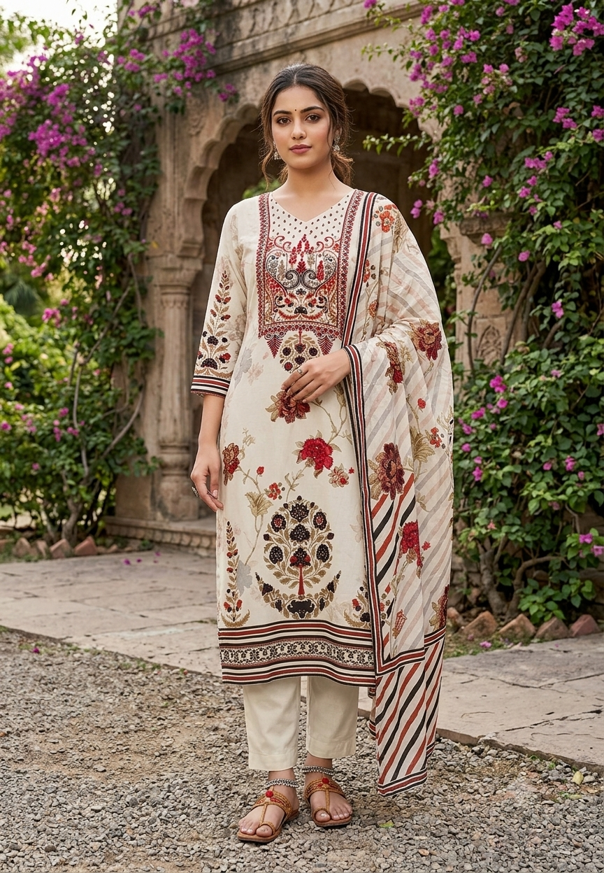 Royal Embroidery With Digital Printed Russian Silk Ful  Suit Set With Dupatta- 16089