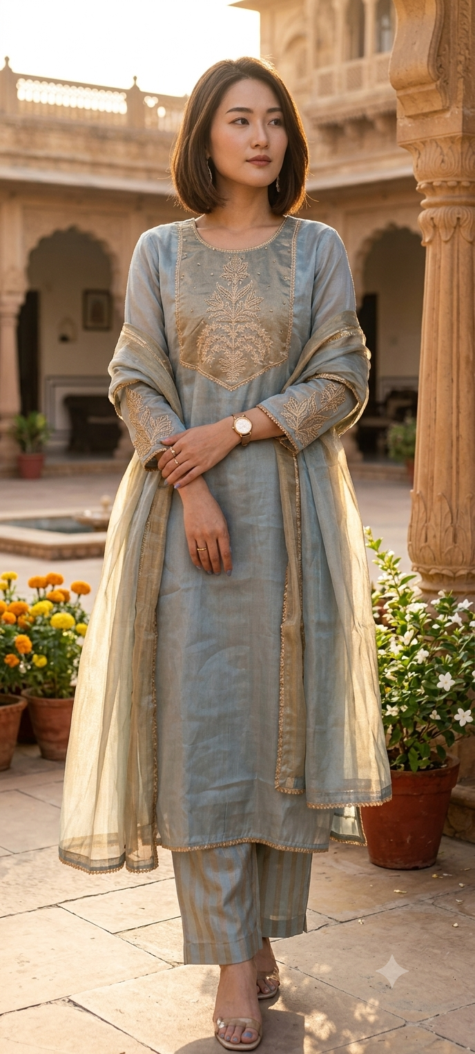 High End Tissue English Color Pallete Golden Highligted Embroidery Works A-Line Full Suit Set With Dupatta- 16070