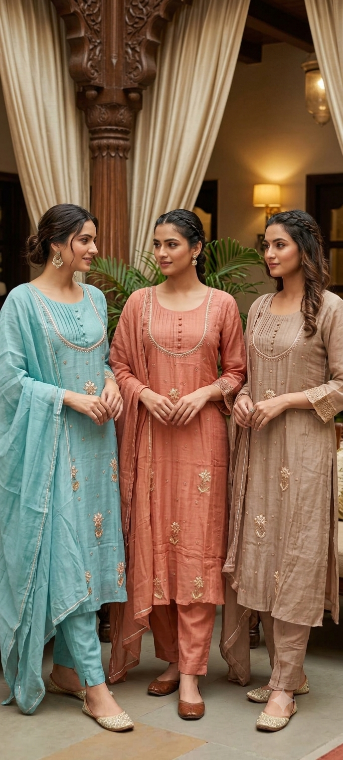 English Color Palette Suttle Work Beautiful A-Line Mul-Chanderi Full Suit Set With Dupatta-16220