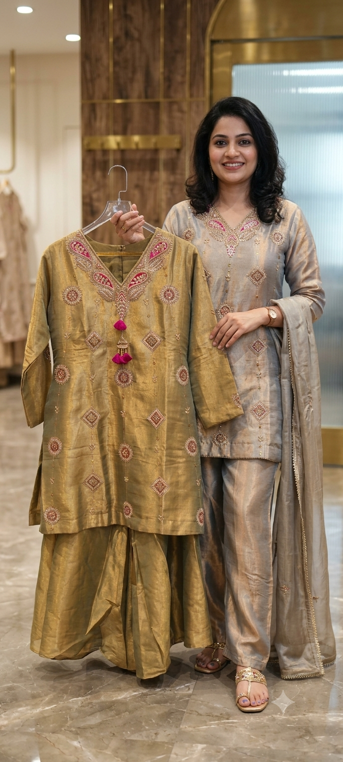 Antique Color Pallete Metallic Embroidery Short Length Kurti With Flared Palazzo Bottom & Matching Dupatta- 15864