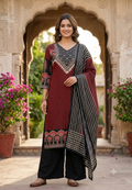 Linear Geometric Prints Foil Mirror Yoke Crepe Full Suit Set With Dupatta- 16249
