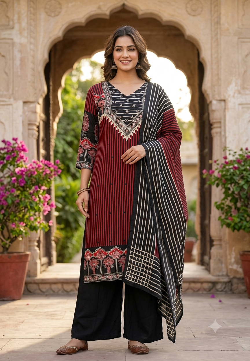Linear Geometric Prints Foil Mirror Yoke Crepe Full Suit Set With Dupatta- 16249