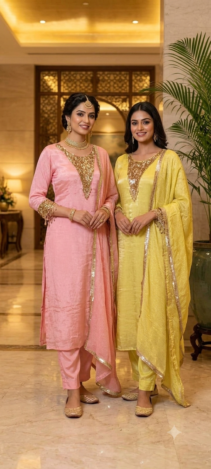 Heavy Shiny Sequin Embelishment Yoke & Sleeve Tissue Full Suit Set With Dupatta- 16129